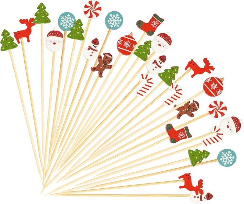 KFJBPB 100PCS Christmas Cocktail Picks 4.7 Inch, Fancy Toothpicks for Appetizers Xmas Tree Snowman Santa Decorative Party Toothpicks Food Sandwich Picks Fruit Skewers for Christmas Party Supplies - Image 1
